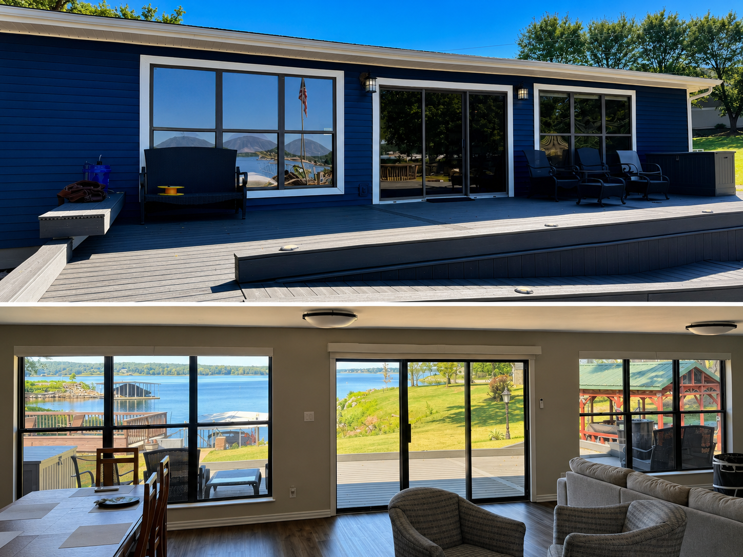 Before and after of a lake house with newly installed windows and sliding patio doors